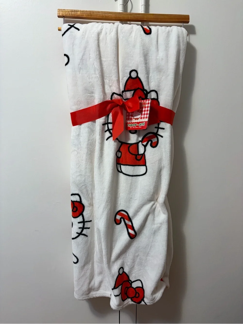 Hello Kitty Candy Cane Holiday Plush Throw Blanket - White and Red